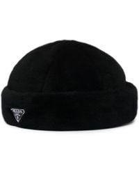 Prada - Logo Plaque Shearling Hat - Lyst