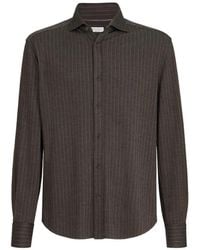 Brunello Cucinelli - Virgin Wool, Silk And Cotton Chalk Stripe Piqué Shirt With Spead Collar - Lyst