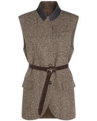 Brunello Cucinelli - Sparkling Virgin Wool Chevron Vest With Leather Belt And Monili - Lyst