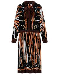 Gucci - Belt-Print Pleated-Design Midi Dress - Lyst