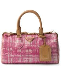 Prada - Bolso De Mano Pequeño De Mezcla De Lino Con Asa Superior De Piel - Lyst