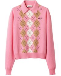 Miu Miu - Intarsia Trui Met Halve Rits En Argyle Patroon - Lyst