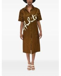 Off-White c/o Virgil Abloh - Midi Satin Shirtdress With Printed Logo And Raw-Cut Edges - Lyst