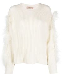 Twin Set - Feather-trimmed Ribbed-knit Jumper - Lyst