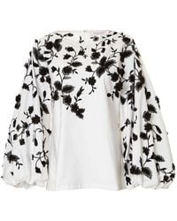 Carolina Herrera - Floral-embroidered Puff-sleeve Cotton Blouse - Lyst