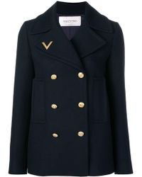 Valentino Logo Embroidered Peacoat - Blue