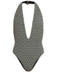 Balmain - Monogram-Pattern Halterneck Swimsuit - Lyst