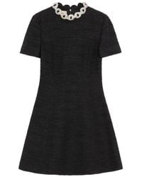 Valentino Garavani - Embroidered Crinkle Cotton Tweed Short Dress - Lyst