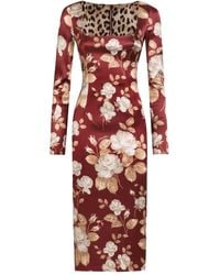 Dolce & Gabbana - Vintage Rose Print Satin Midi Pencil Dress - Lyst