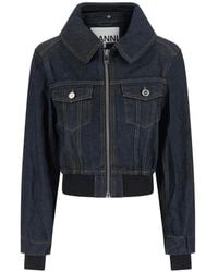 Ganni - Shearling-Collar Zip-Up Denim Jacket - Lyst