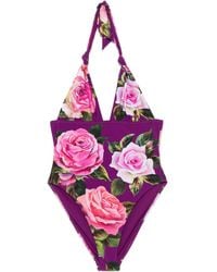 Dolce & Gabbana - Rose-Print V-Neck Swimsuit - Lyst