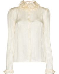 Saint Laurent - Neutral Ruffled High Neck Striped Blouse - Women's - Silk/metallic Fibre - Lyst