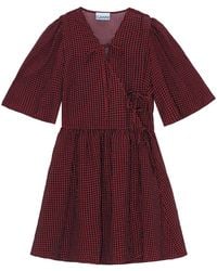 Ganni - Gingham-Print Mini Wrap Dress - Lyst