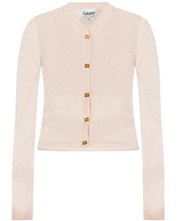 Ganni - Pointelle-Knit Logo-Button Cardigan - Lyst