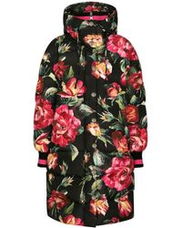 Dolce & Gabbana - Long Nylon Down Jacket With Rose Print - Lyst
