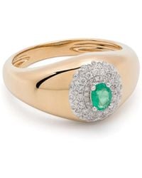 Yvonne Léon - 18Kt Mini Chevalière Pompadour Diamond And Emerald Signet Ring - Lyst