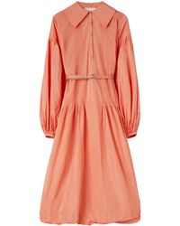 Jil Sander - Geplooide Taffeta Jurk Met Pofmouwen - Lyst