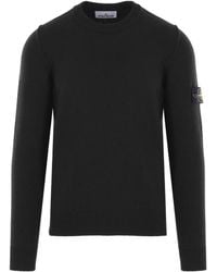 Stone Island - Crew Neck Wool Sweater With Reverse Stitch Details - Lyst