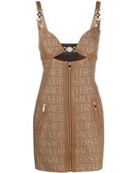 Versace - Monogram Mini Dress With Leather Trims - Lyst