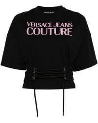 Versace - Glittered-logo Lace-up T-shirt - Lyst
