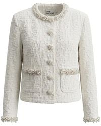 Self-Portrait - Cream Textured Denim Jacket - Lyst