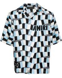 Amiri - Camicia in twill di seta a quadri con colletto convertibile e logo - Lyst