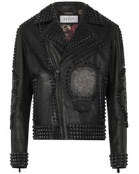 Philipp Plein - Studs Embroidered Leather Biker Jacket - Lyst
