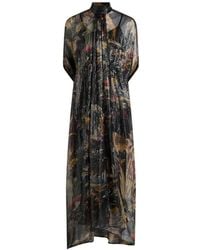 Etro - Long Silk Dress With Cape Detail And Flower And Animal Motif - Lyst