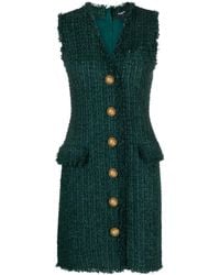 Balmain - V-Neck Buttoned Tweed Dress - Lyst