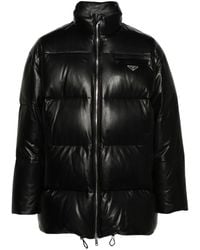 Prada - Logo-Plaque Leather Puffer Coat - Lyst