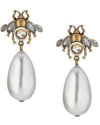 Women S Gucci Earrings Online Lyst Gucci Bee Earrings With Drop Pearls Lyst