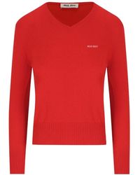 Miu Miu - Embroidered-Logo V-Neck Sweater - Lyst