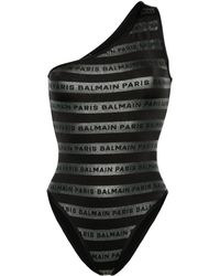 Balmain - Costume intero monospalla con stampa - Lyst