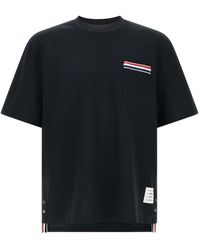 Thom Browne - Textured Cotton Linen Rwb Embroidery Tee - Lyst