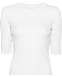 Chloé - Lace-panelled Ribbed-knit T-shirt - Lyst