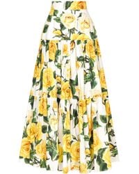 Dolce & Gabbana - Long ruffled skirt in yellow rose-print cotton - Lyst