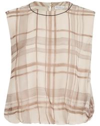 Brunello Cucinelli - Zijden Organza Geruit T-Shirt Met Nekdetail - Lyst