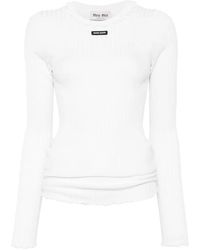 Miu Miu - Ribbed-Knit Ruffle-Trim Silk T-Shirt - Lyst