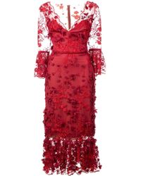 Marchesa notte Midi Jurk Met Borduursel En Driekwart Mouw - Rood