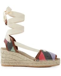 Versace - Lola Striped Denim Wedge Sandals 65 Mm - Lyst