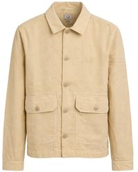 C.P. Company - Linen And Cotton Broken Twill Overshirt With Embroidered Logo - Lyst