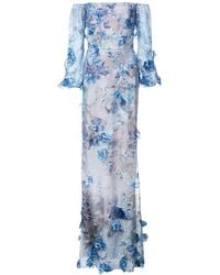 Marchesa notte Avondjurk Met Geborduurde Bloemen - Blauw