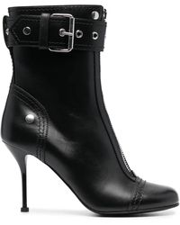 McQueen - Leather Ankle Boots With Zippered Closure And Adjustable Buckle - Lyst