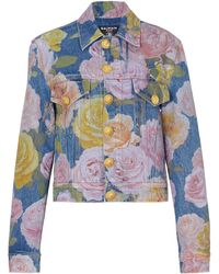 Balmain - Rose-print Denim Jacket - Lyst