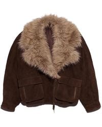 Bimba Y Lola - Chocolate Leather Double-Breasted Jacket With Fur Collar - Lyst
