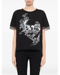 McQueen - Fish Skull-Printed Sheer-Trim T-Shirt - Lyst