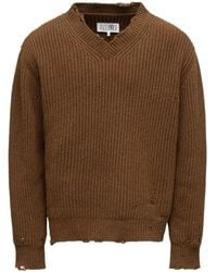 MM6 by Maison Martin Margiela - Relaxed Fit V-Neck Sweater With Distressed Hem - Lyst