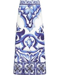 Dolce & Gabbana - Gonna longuette in charmeuse stampa maiolica con spacco - Lyst