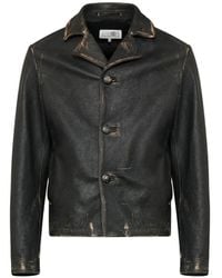 MM6 by Maison Margiela - Distressed Button Leather Jacket - Lyst