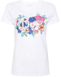 Liu Jo - | T-shirt in cotone con stampa logo e floreale frontale | female | BIANCO | S - Lyst